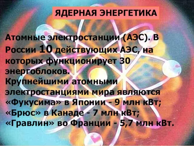 ЯДЕРНАЯ ЭНЕРГЕТИКА Атомные электростанции (АЭС). В России 10 действующих АЭС,