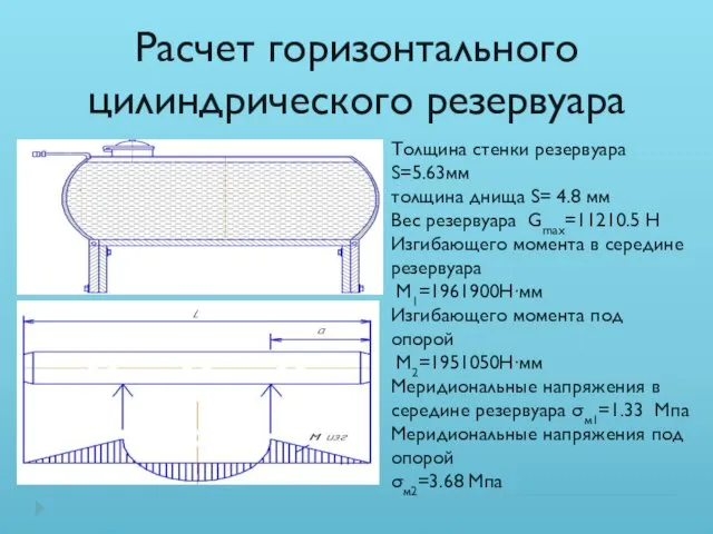 Расчет горизонтального цилиндрического резервуара Толщина стенки резервуара S=5.63мм толщина днища S= 4.8 мм