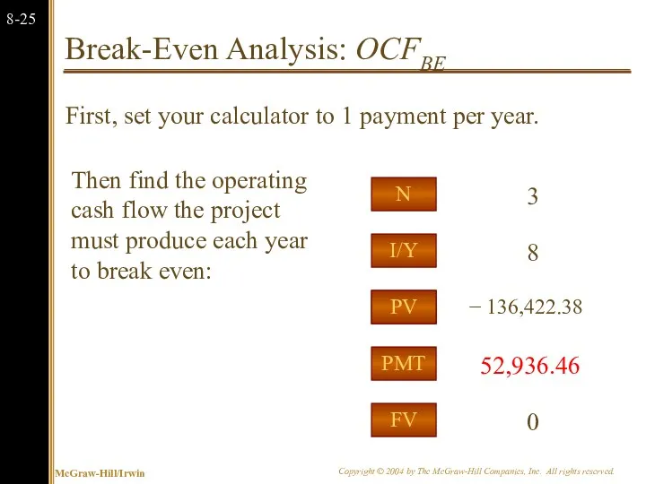 Break-Even Analysis: OCFBE First, set your calculator to 1 payment