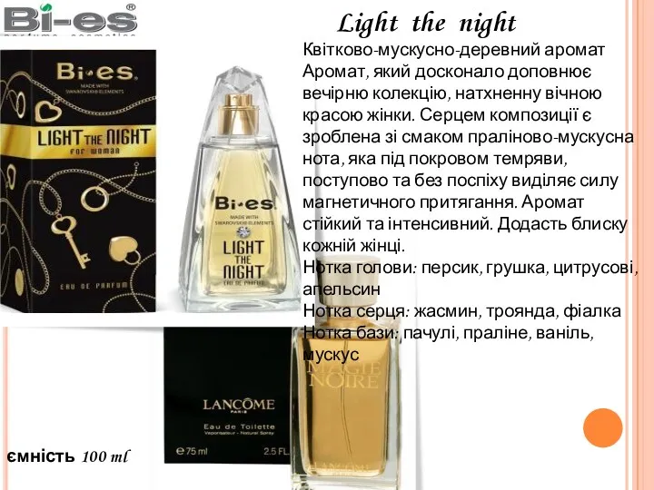 ємність 100 ml Light the night Квітково-мускусно-деревний аромат Аромат, який