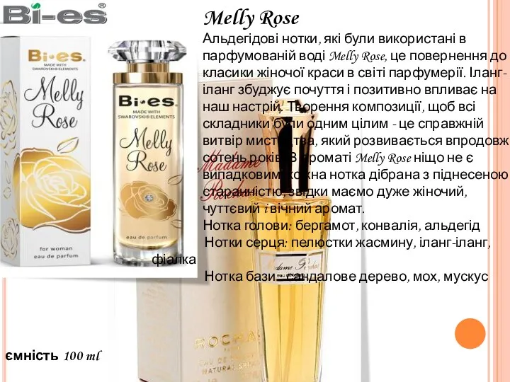 ємність 100 ml Melly Rose Альдегідові нотки, які були використані