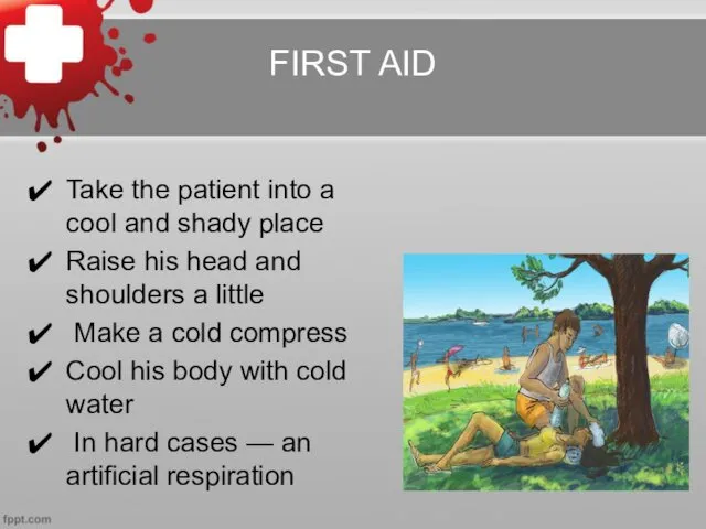 FIRST AID Take the patient into a cool and shady