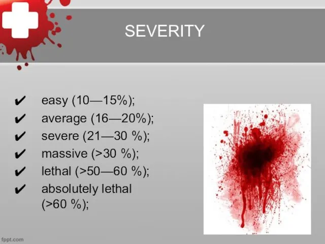 easy (10—15%); average (16—20%); severe (21—30 %); massive (>30 %);