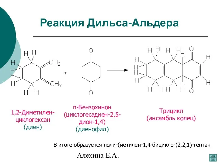 Алехина Е.А. Реакция Дильса-Альдера 1,2-Диметилен-циклогексан (диен) n-Бензохинон (циклогесадиен-2,5-дион-1,4) (диенофил) Трицикл (ансамбль колец) В итоге образуется поли-(метилен-1,4-бицикло-(2,2,1)-гептан