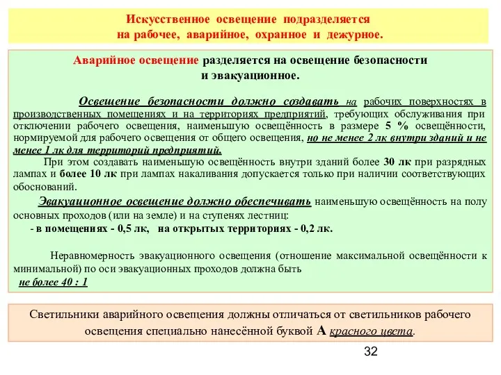 Искусственное освещение подразделяется на рабочее, аварийное, охранное и дежурное. Аварийное