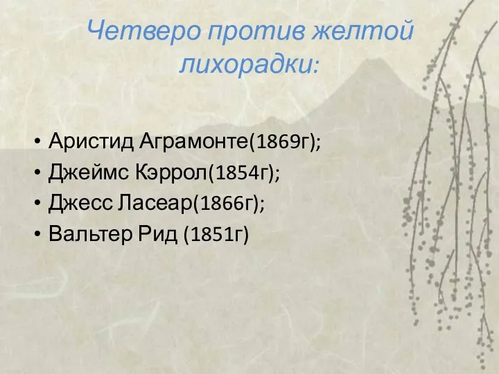 Четверо против желтой лихорадки: Аристид Аграмонте(1869г); Джеймс Кэррол(1854г); Джесс Ласеар(1866г); Вальтер Рид (1851г)