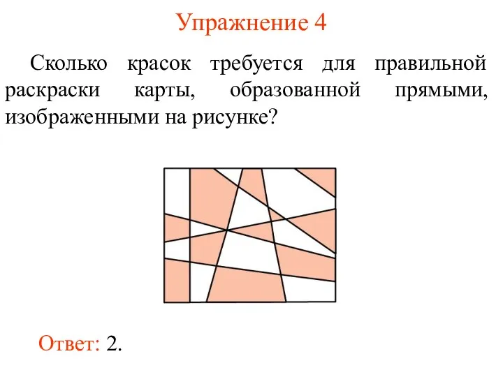 Упражнение 4 Сколько красок требуется для правильной раскраски карты, образованной прямыми, изображенными на рисунке?