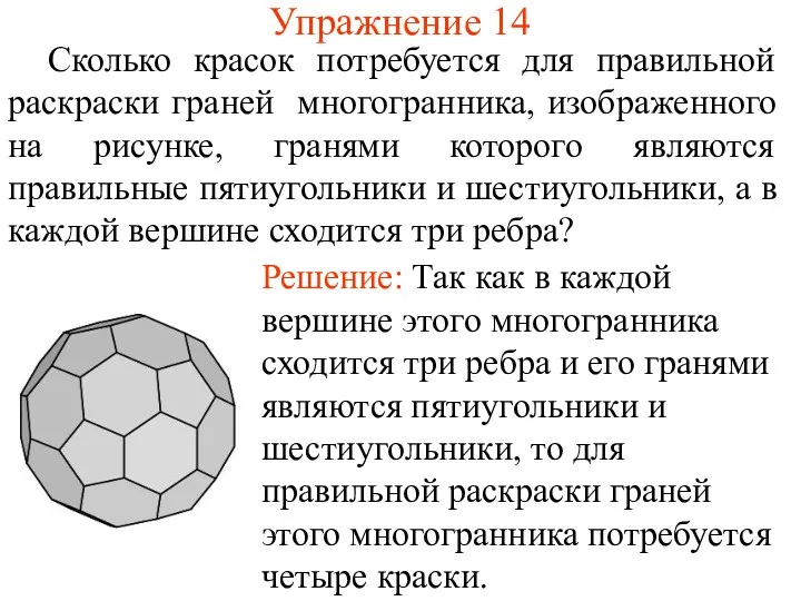 Упражнение 14 Сколько красок потребуется для правильной раскраски граней многогранника,