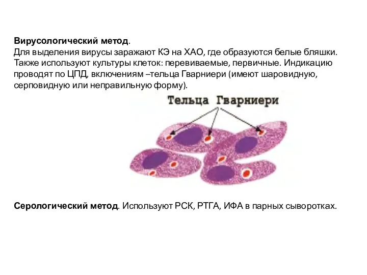 Вирусологический метод. Для выделения вирусы заражают КЭ на ХАО, где