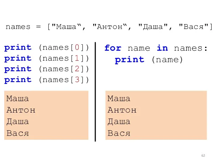 names = ["Маша“, "Антон“, "Даша", "Вася"] print (names[0]) print (names[1])