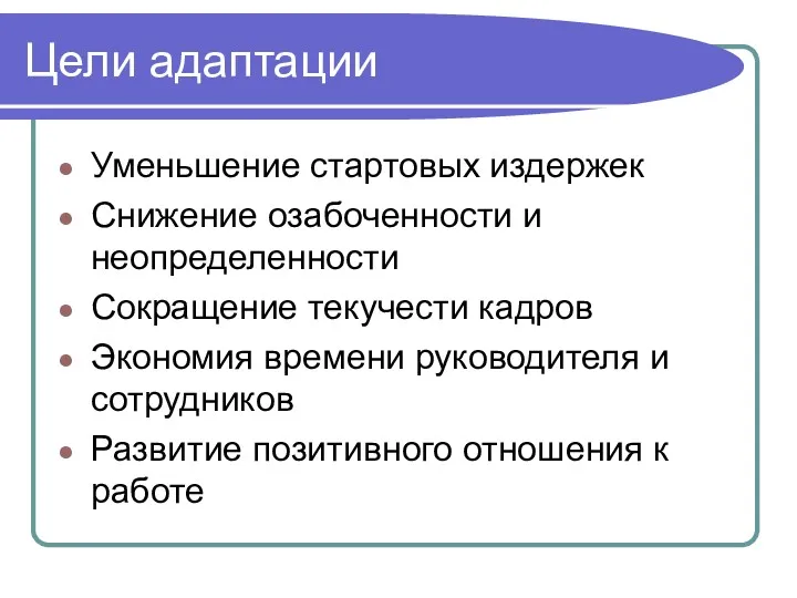 Цели адаптации Уменьшение стартовых издержек Снижение озабоченности и неопределенности Сокращение