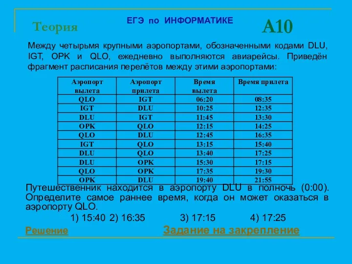 A10 Путешественник находится в аэропорту DLU в полночь (0:00). Определите