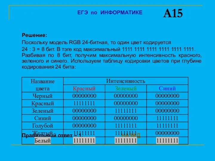 Решение: Поскольку модель RGB 24-битная, то один цвет кодируется 24