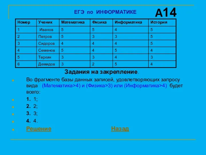 Задания на закрепление. Во фрагменте базы данных записей, удовлетворяющих запросу