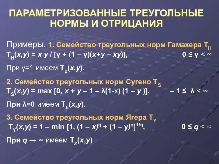 ПАРАМЕТРИЗОВАННЫЕ ТРЕУГОЛЬНЫЕ НОРМЫ И ОТРИЦАНИЯ Примеры. 1. Семейство треугольных норм