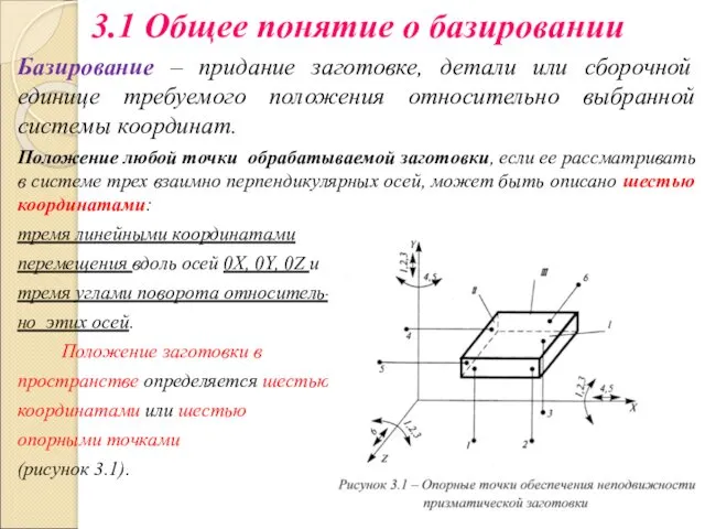 3.1 Общее понятие о базировании Базирование – придание заготовке, детали