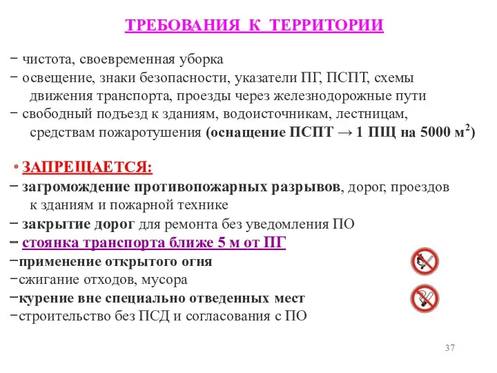 ТРЕБОВАНИЯ К ТЕРРИТОРИИ чистота, своевременная уборка освещение, знаки безопасности, указатели