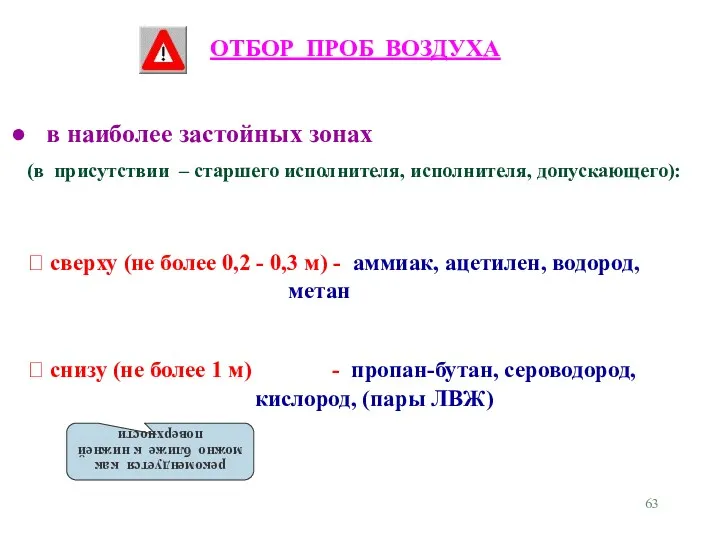 ОТБОР ПРОБ ВОЗДУХА в наиболее застойных зонах (в присутствии –