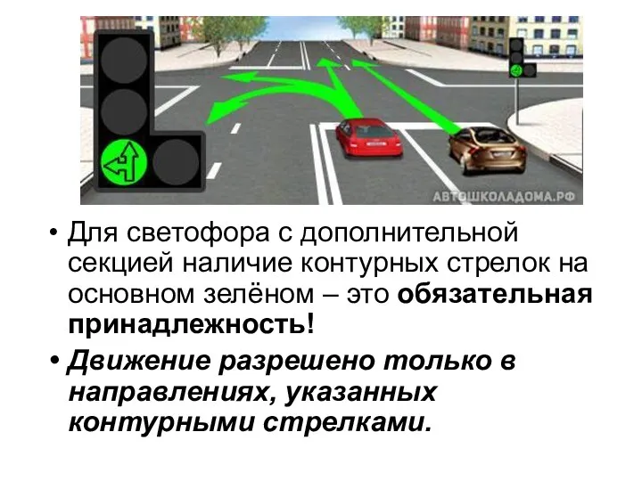 Для светофора с дополнительной секцией наличие контурных стрелок на основном