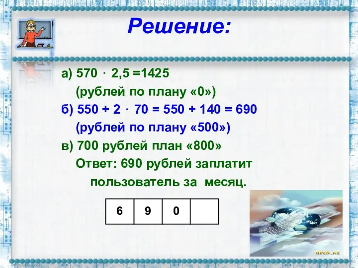 Решение: а) 570 ⋅ 2,5 =1425 (рублей по плану «0») б) 550 +