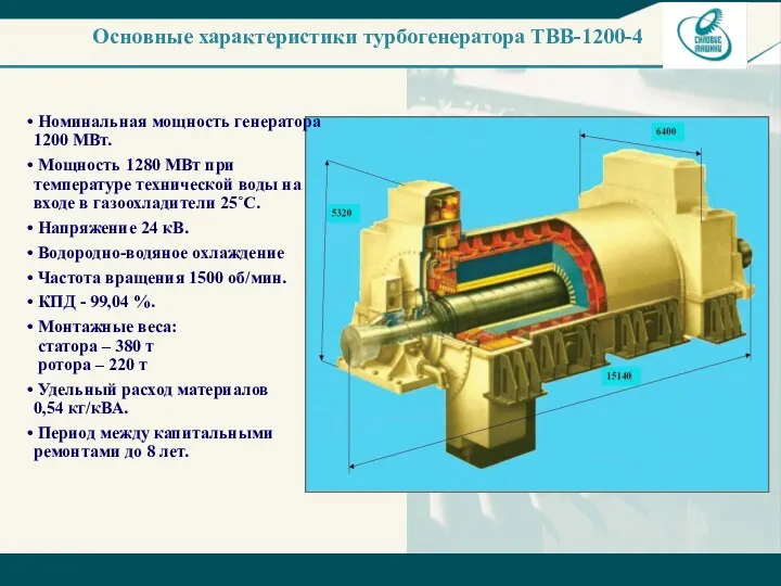 Основные характеристики турбогенератора ТВВ-1200-4 Номинальная мощность генератора 1200 МВт. Мощность