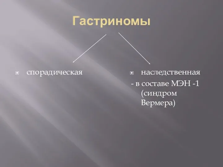 Гастриномы спорадическая наследственная - в составе МЭН -1 (синдром Вермера)