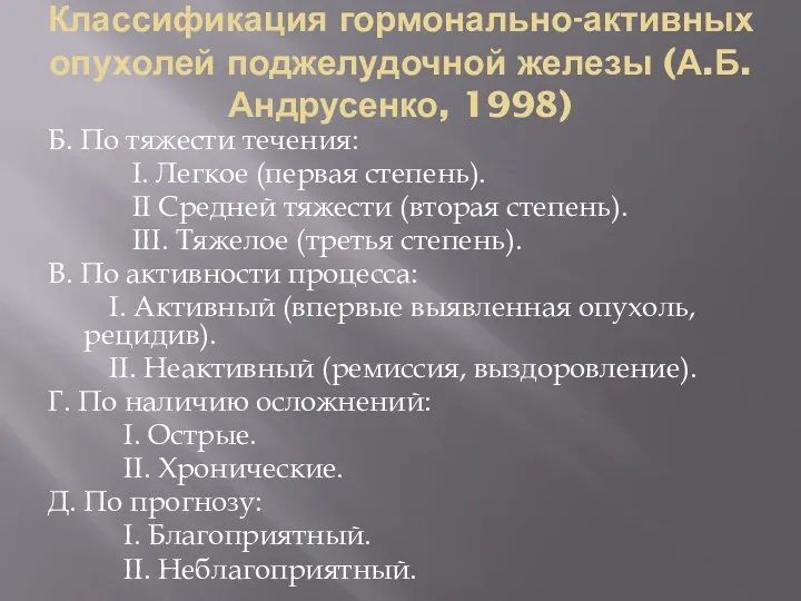 Классификация гормонально-активных опухолей поджелудочной железы (А.Б.Андрусенко, 1998) Б. По тяжести