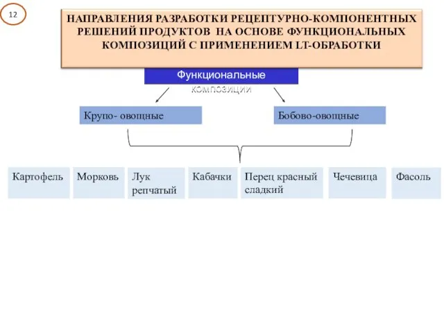 Функциональные композиции Крупо- овощные Бобово-овощные Лук репчатый Кабачки Перец красный сладкий Морковь Картофель Фасоль Чечевица 12