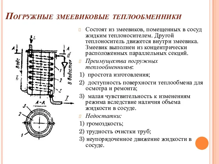 Погружные змеевиковые теплообменники Состоят из змеевиков, помещенных в сосуд жидким