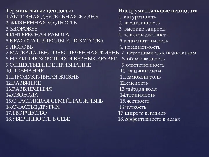 Терминальные ценности: Инструментальные ценности: 1.АКТИВНАЯ ДЕЯТЕЛЬНАЯ ЖИЗНЬ 1. аккуратность 2.ЖИЗНЕННАЯ