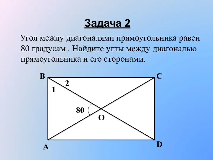 Задача 2 Угол между диагоналями прямоугольника равен 80 градусам . Найдите углы между