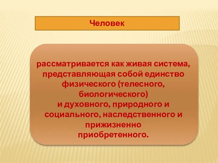 Человек рассматривается как живая система, представляющая собой единство физического (телесного,