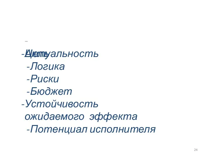 - Актуальность Цель Логика Риски Бюджет Устойчивость ожидаемого эффекта Потенциал исполнителя 24