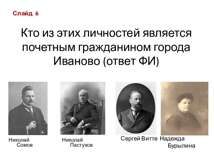 Кто из этих личностей является почетным гражданином города Иваново (ответ ФИ) Надежда Бурылина Слайд 6