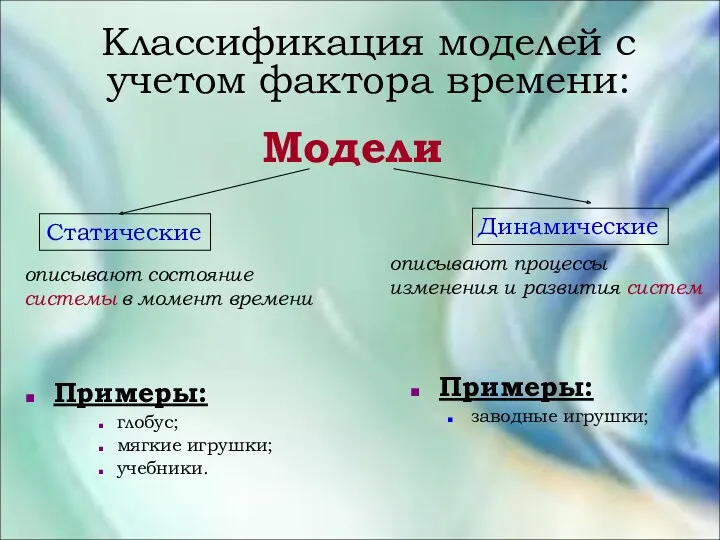 Модели Статические Динамические описывают состояние системы в момент времени описывают