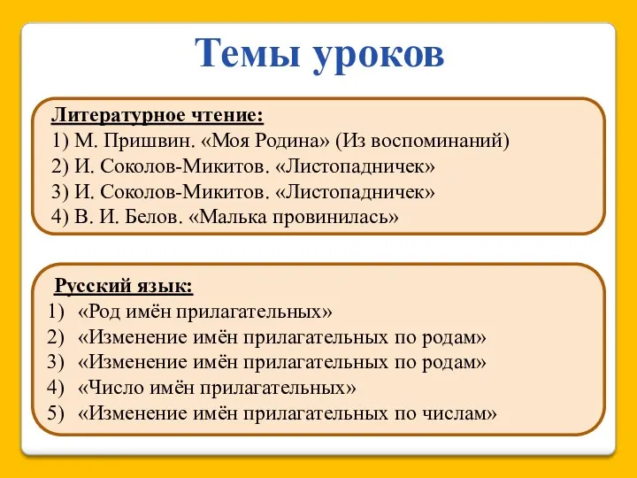 Темы уроков Литературное чтение: 1) М. Пришвин. «Моя Родина» (Из