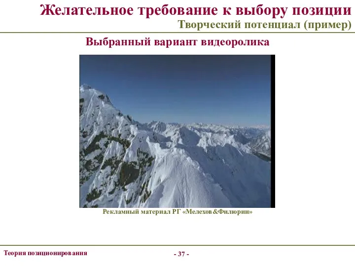 - - Теория позиционирования Желательное требование к выбору позиции Творческий