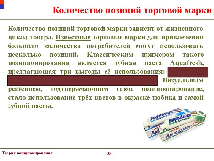 - - Теория позиционирования Количество позиций торговой марки Количество позиций торговой марки зависит