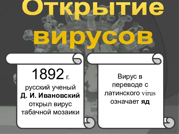 Открытие вирусов 1892 г. русский ученый Д. И. Ивановский открыл