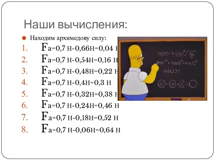 Наши вычисления: Находим архимедову силу: Fa=0,7 Н-0,66Н=0,04 Н Fa=0,7 Н-0,54Н=0,16