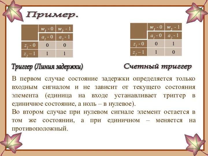 Пример. Триггер (Линия задержки) Счетный триггер В первом случае состояние