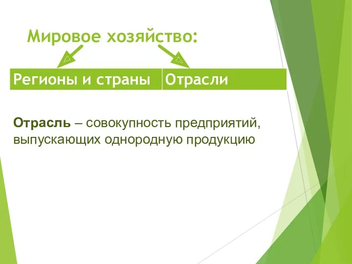 Мировое хозяйство: Отрасль – совокупность предприятий, выпускающих однородную продукцию