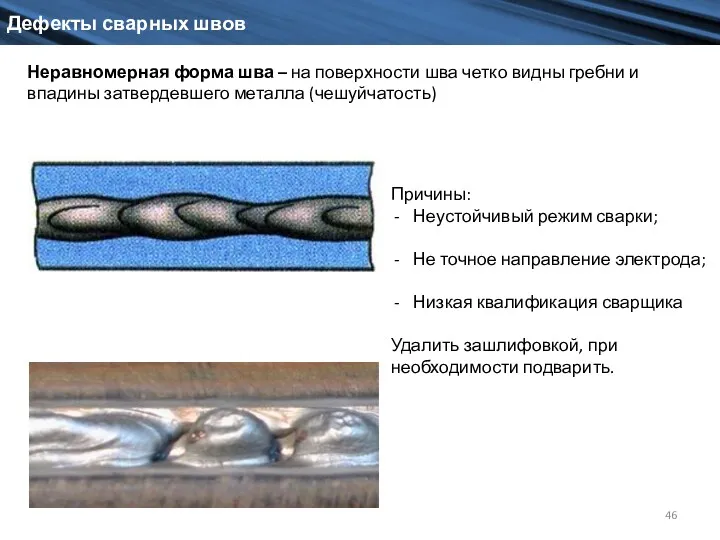 Дефекты сварных швов Неравномерная форма шва – на поверхности шва