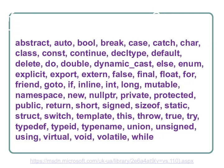 Ключевые слова языка C++ abstract, auto, bool, break, case, catch,