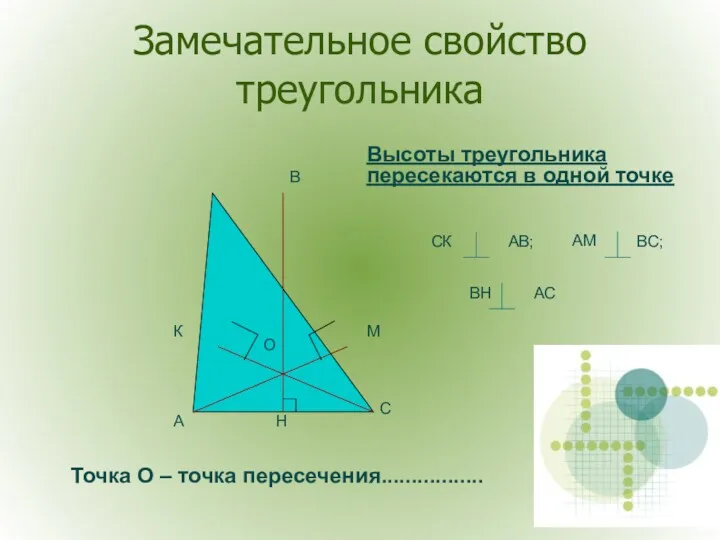 Замечательное свойство треугольника Высоты треугольника пересекаются в одной точке О