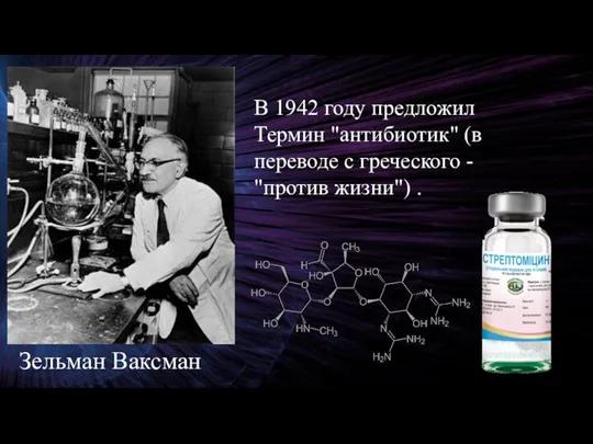 Зельман Ваксман В 1942 году предложил Термин "антибиотик" (в переводе с греческого - "против жизни") .