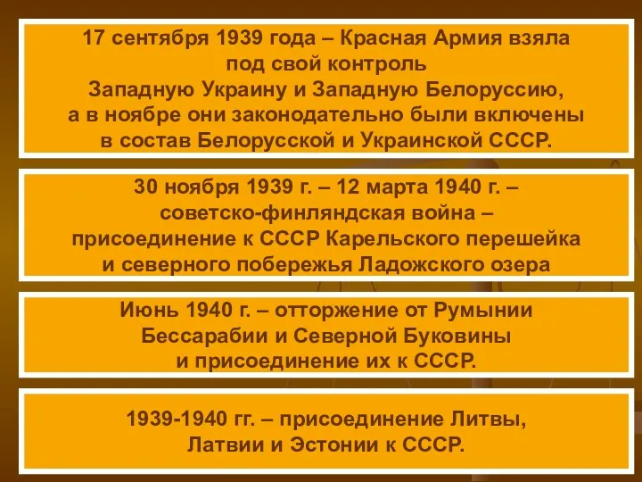 1939-1940 гг. – присоединение Литвы, Латвии и Эстонии к СССР.