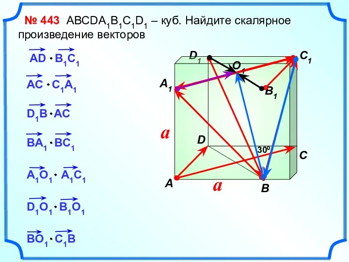 D1 № 443 АВСDA1B1C1D1 – куб. Найдите скалярное произведение векторов