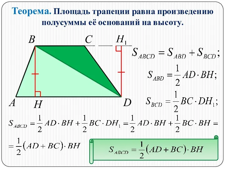Теорема. Площадь трапеции равна произведению полусуммы её оснований на высоту. A D C B H