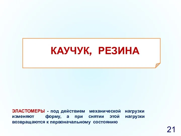 КАУЧУК, РЕЗИНА ЭЛАСТОМЕРЫ - под действием механической нагрузки изменяют форму,